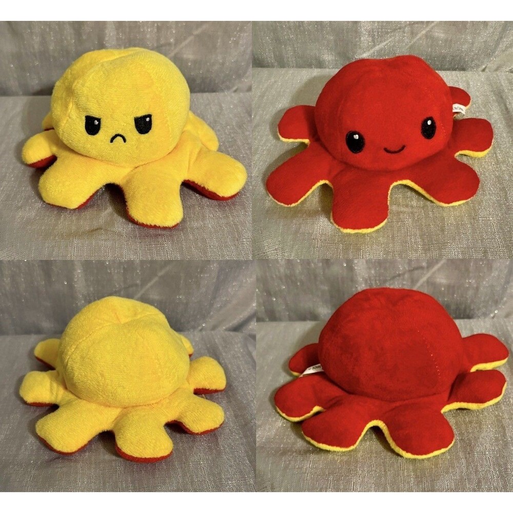 Reversible Octopus Plush Toy Mood Flip Happy Red/ Angry Yellow - 6x4 Emotion